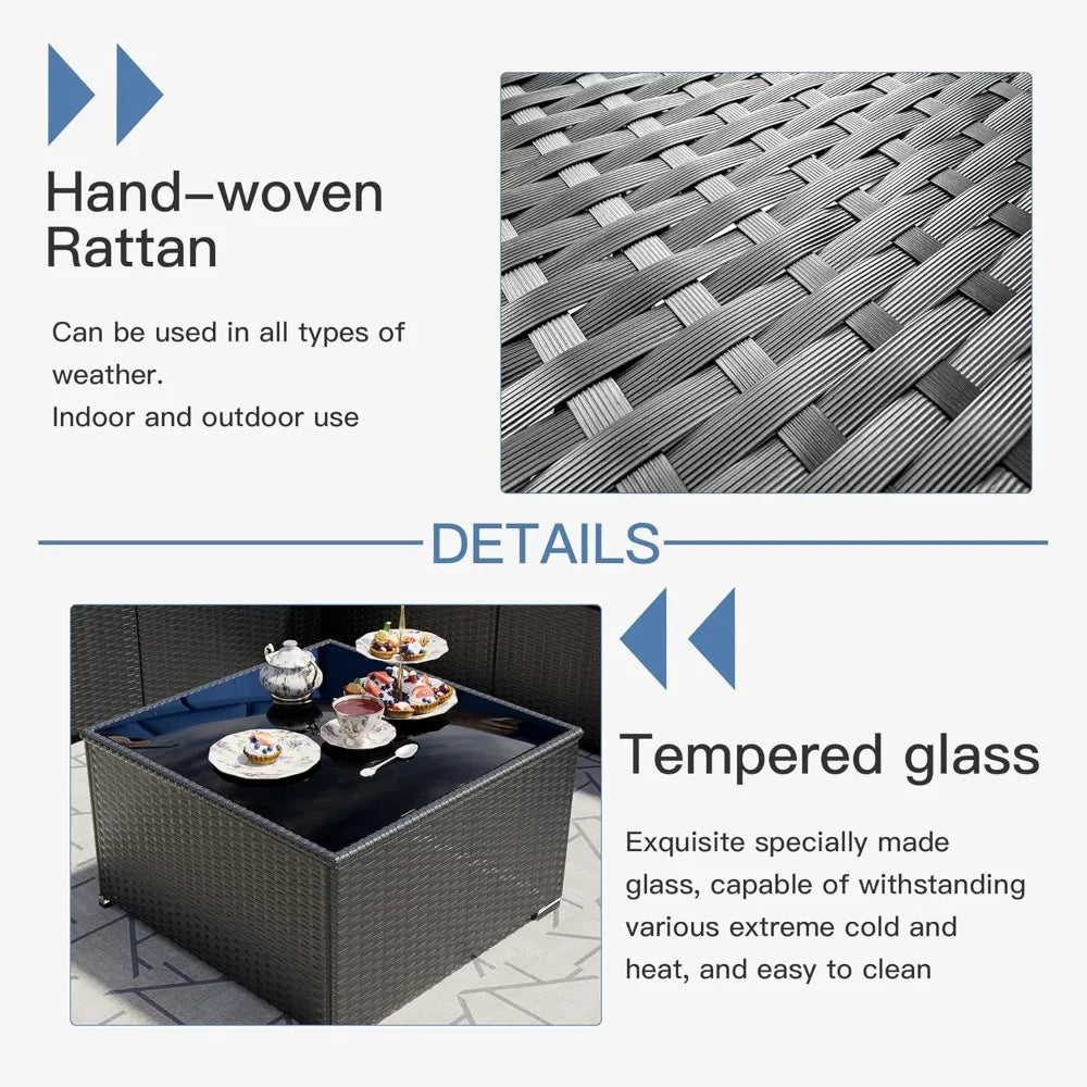 7 Pieces Patio Furniture Set - Outdoor Sectional Wicker Rattan Furniture with Cushion and Glass Table Patio Conversation Sets