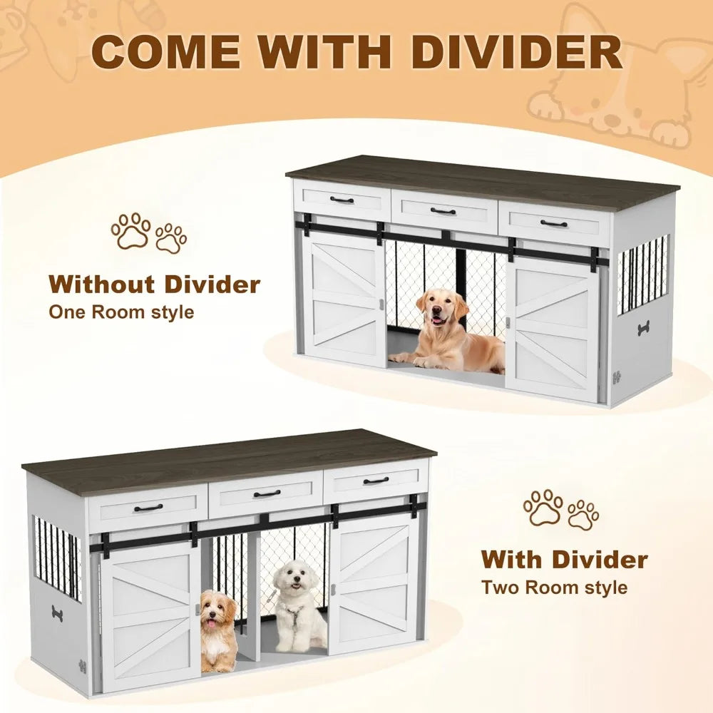 RQZ 65 Dual Dog Crate Furniture - Heavy-Duty Wooden Dog Cage Table with Storage Drawers and Stainless Steel Bowls