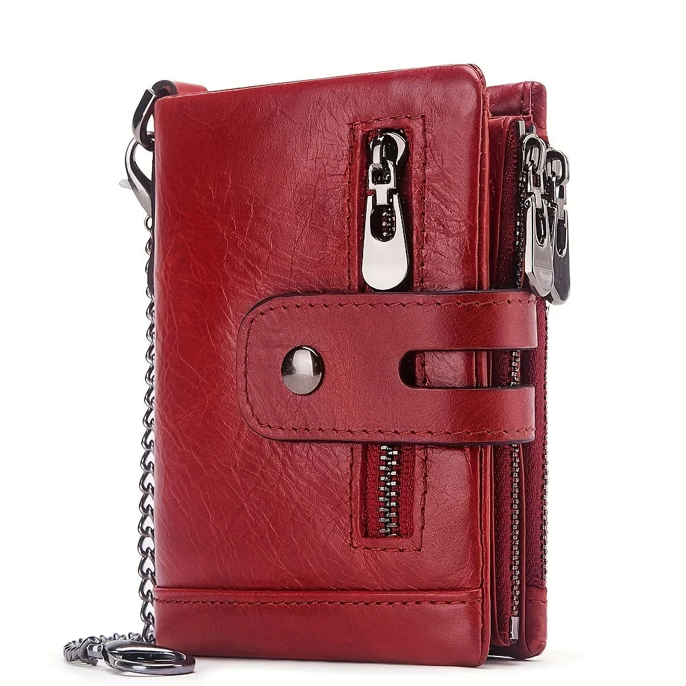 Chain Wallets for Men, Genuine Leather RFID Blocking Card Holder, Bifold Wallet With Double Zipper Coin Pocket