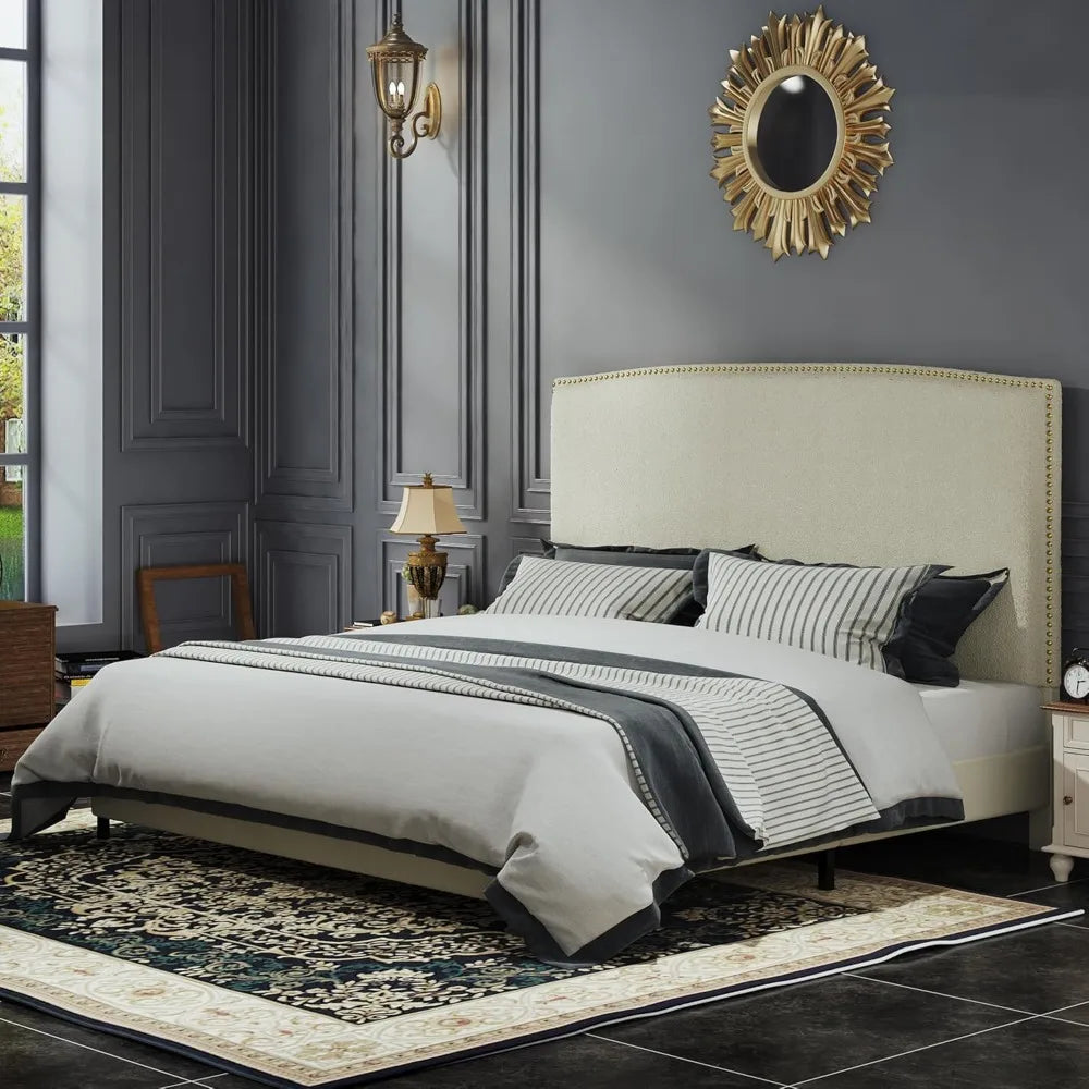 King Size Bed Frame with Upholstered Headboard, 56" Modern Platform Bed, Soft Boucle Fabric & Gold Nailhead Trim