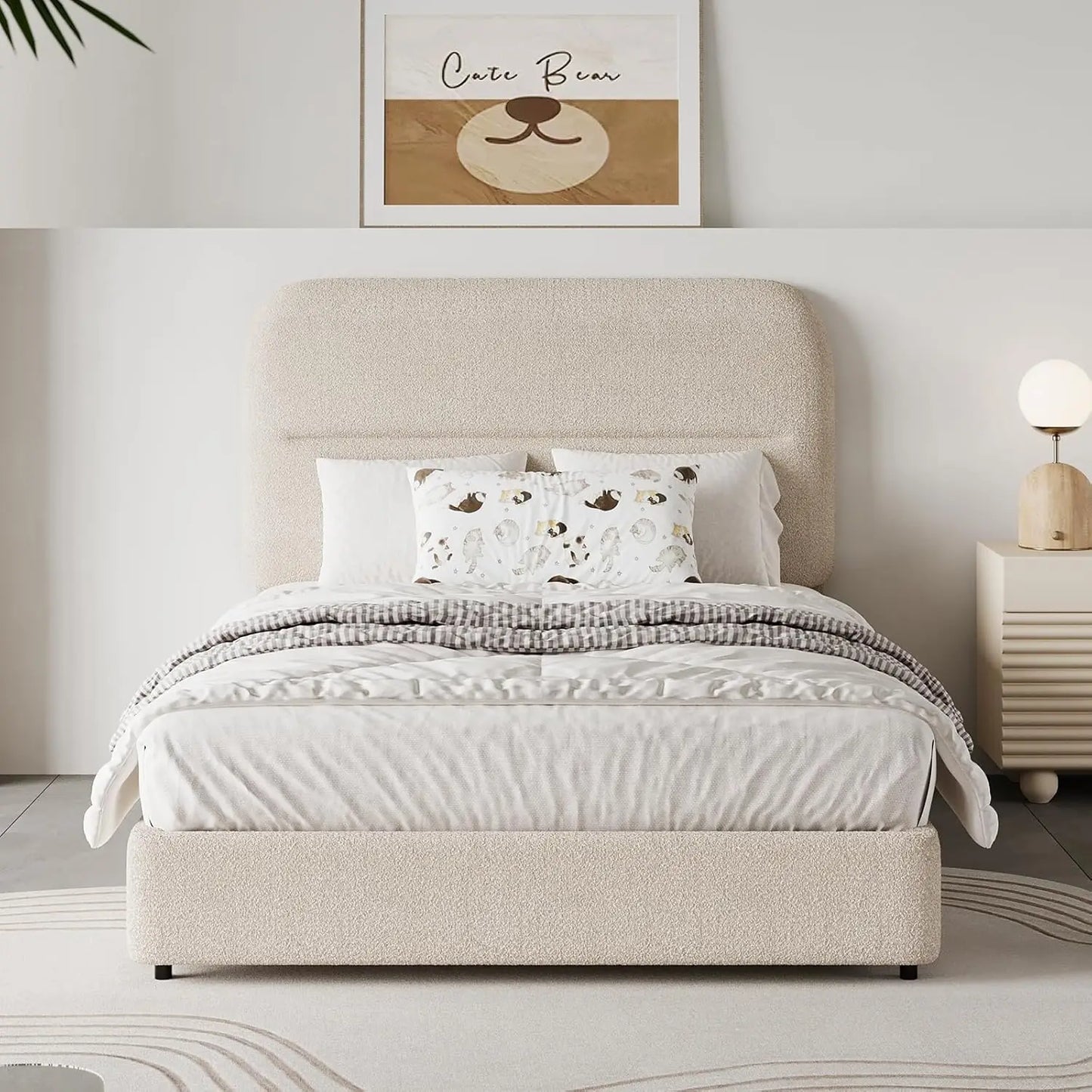 Twin Bed Frames with Headboard, Boucle Upholstered Platform Bed Twin Size for Kids, Rounded Corners & Thickened Footboard