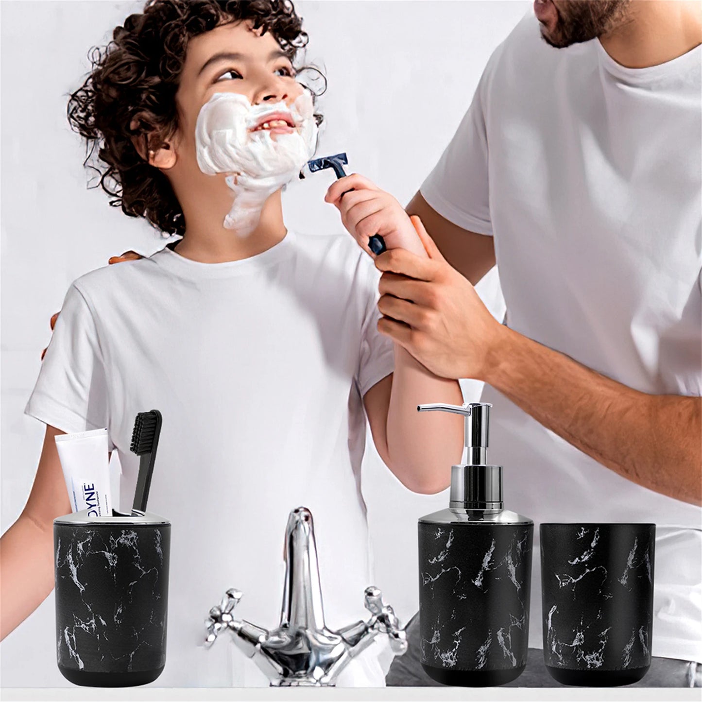 5-piece white/black marble bathroom set -  lotion bottle, toothbrush and toothpaste cup, mouthwash cup, soap dish, and box