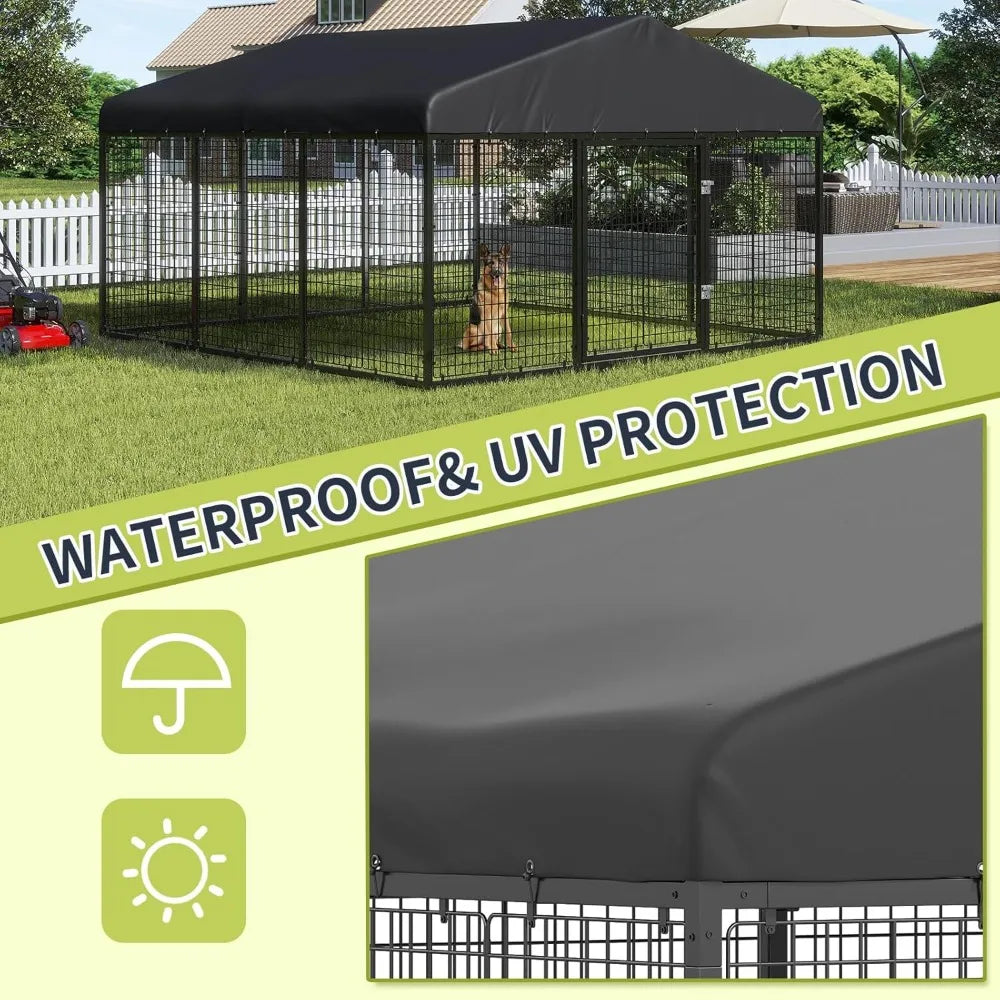 79" x 79" Large Outdoor Dog Enclosure,Heavy Duty Dog Cage with Roof,Galvanized Steel Dog Kennel Fence with Double Safety Locks