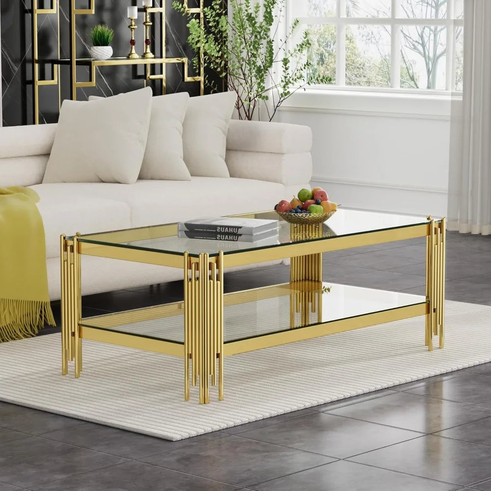 Modern Glass Coffee Table 47" Gold Center Table with Tempered Glass Top and Mirror Finish Stainless Steel Legs, Luxury Rectangu