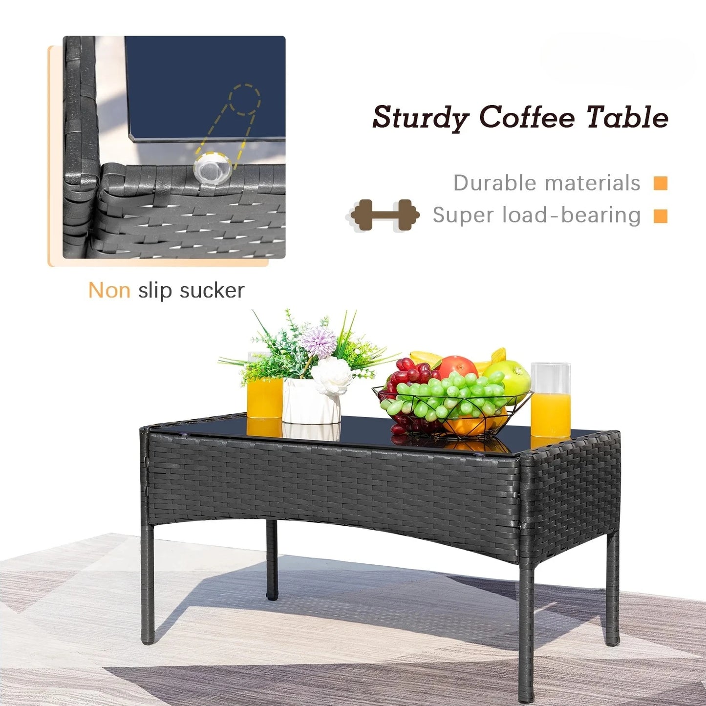 4 Pieces Patio Furniture Set Rattan Outside Furniture Wicker Sofa Garden Conversation Sets with Soft Cushion and Glass Table for