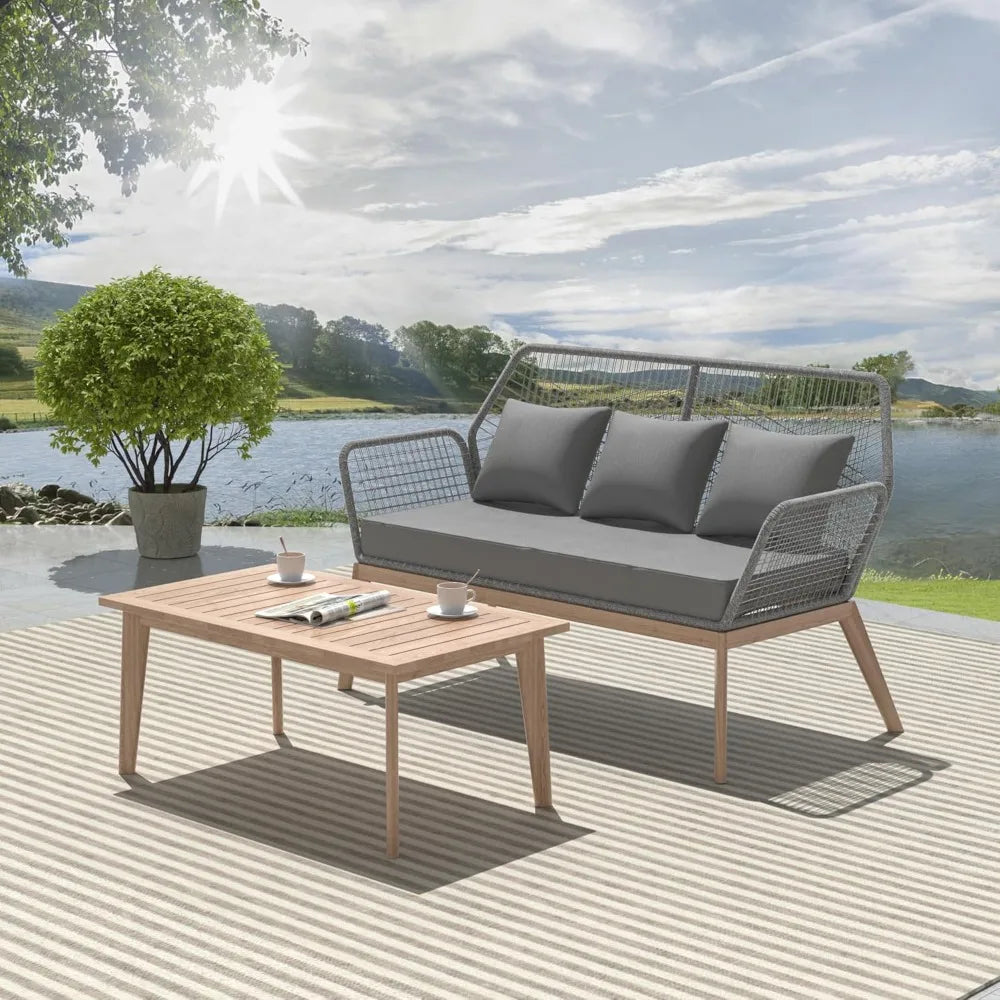 Outdoor Patio Furniture Set,2 Pieces Indoor Rope Woven Sectional Sofa Set Modern Oak Patio Conversation Sets with Wooden Table
