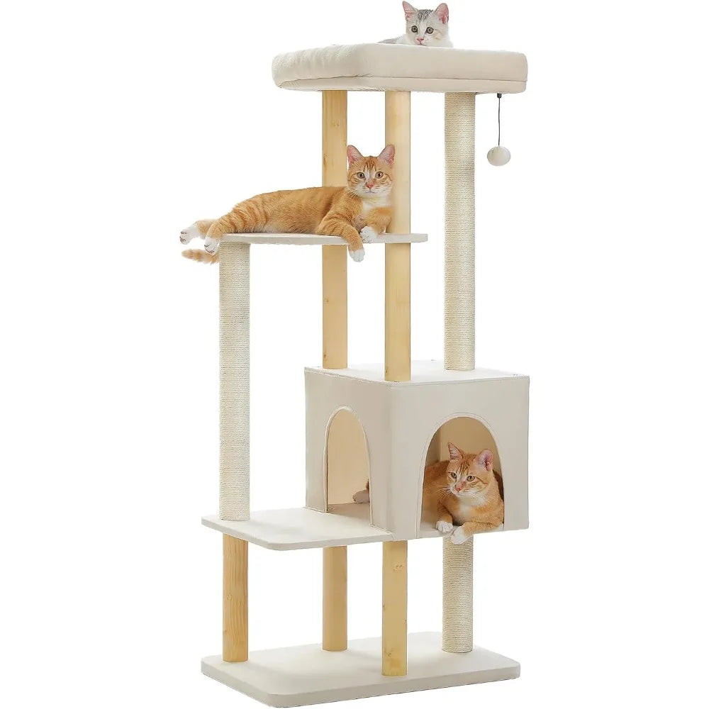 53-inch tall modern wooden cat tree for large indoor cats with multi-level condos and extended scratching posts