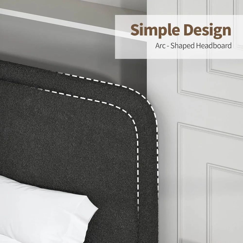 Twin Size Bed Frame, Boucle Upholstered Platform Bed with Headboard, Modern Style, Soft Rounded Corners, No Box Spring Required,