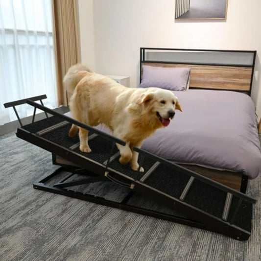 Pet Ramp Folding Portable Wooden Dog Cat Ramps for Couch or Bed Including Non Slip Mat Safety Side Rails 64.2 Inch Long and Hei