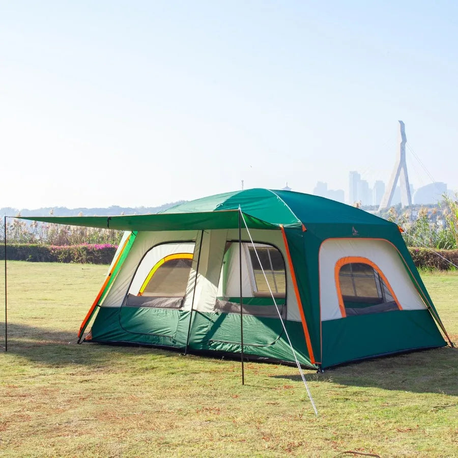 KTT Large Family Cabin Tent for 1012 People 14.1X10X6.58ft 2 Rooms with 3 Storage Pockets 2 Bay Windows 3 Doors and 3 Windows F