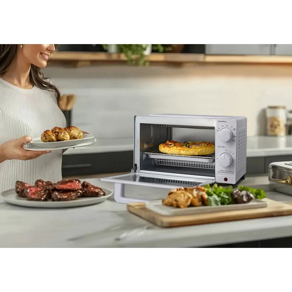 4 Slice Toaster Oven Countertop with 3 Settings Baking Rack Pan Compact Design Easy Clean 1050W Quartz Heating Perfect Toast