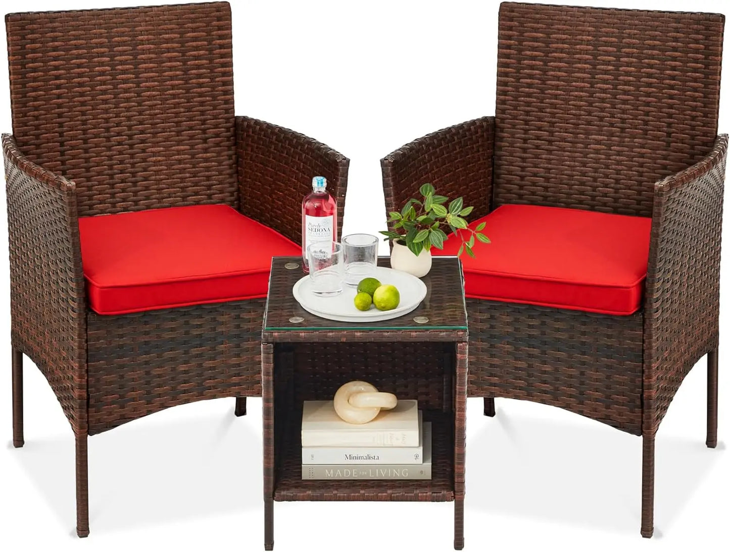 3-Piece Outdoor Wicker Conversation Bistro Set, Space Saving Patio Furniture for Garden w/Side Table