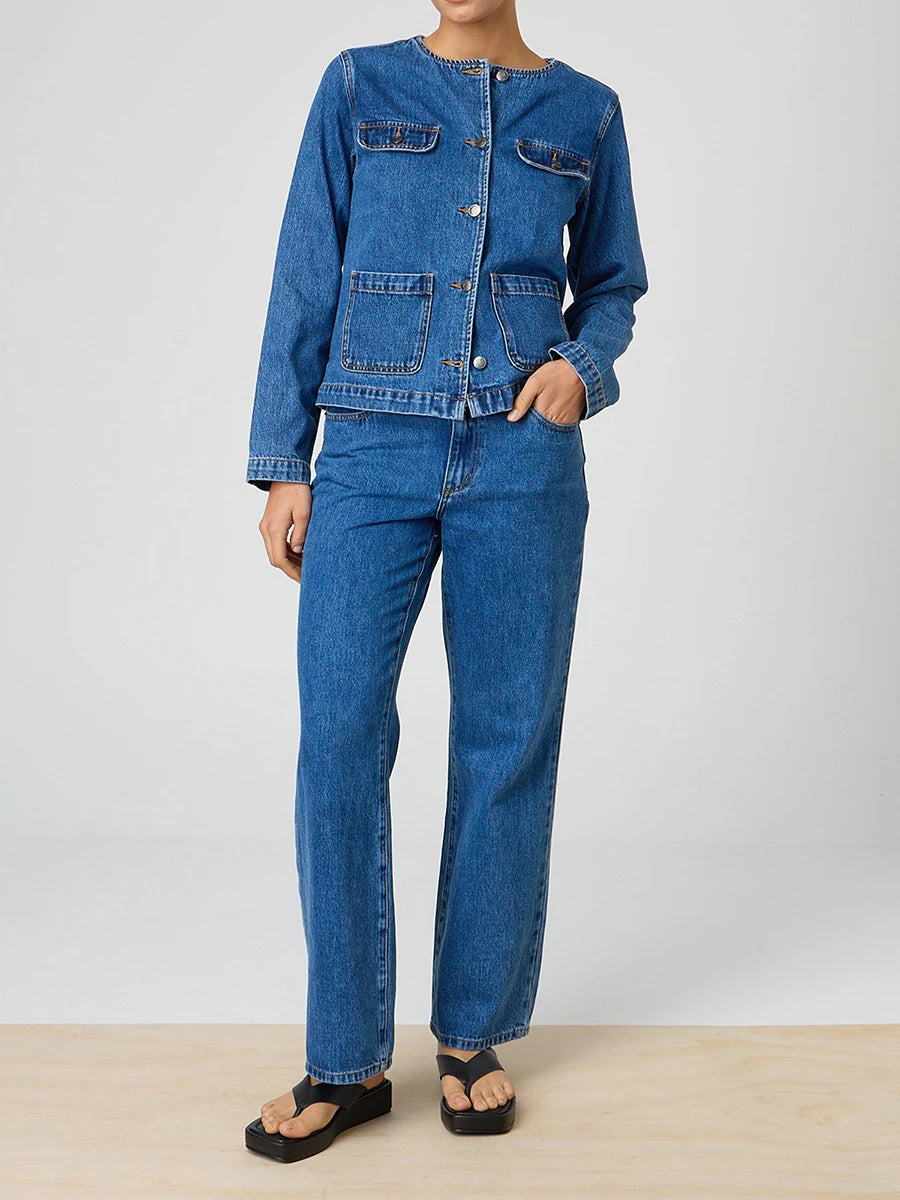 Ladies Classic Blue Denim Jacket with Round Neckline Long Sleeves and  Fit Button Down Design - Stylish Jean Coat