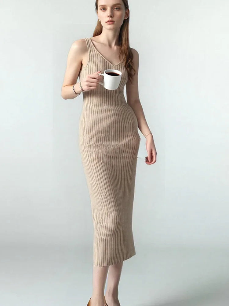 New Fashion Sleeveless Lady Elegant Office Knit Clothes Sexy Slip Dress for Women Autumn Spring Knitted Bottoming Long Dresses