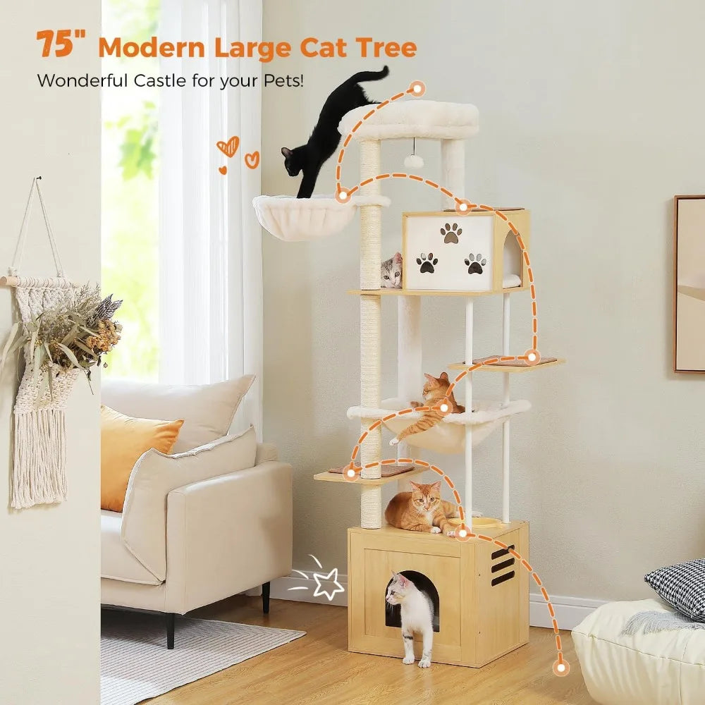 PAWZ Road Large Cat Tree with Food Station, 74.8 Inches Wooden Tall Cat Tower with Extra Large Condos and Hammocks,Spacious Perc