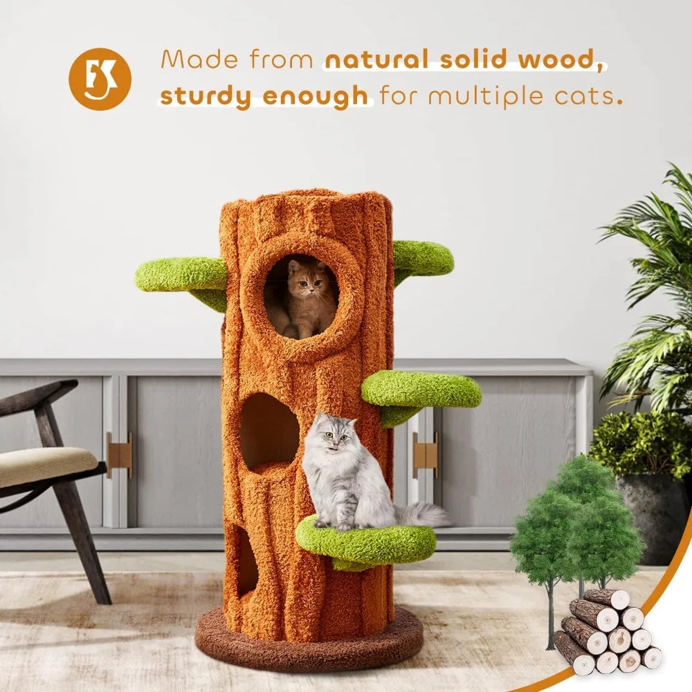 47.2'' Luxury Natural Cat Tree for Indoor Cats, Multi-Level Cat Tower with Scratching Post, Solid Wood Cat Condo for Multi-cat F
