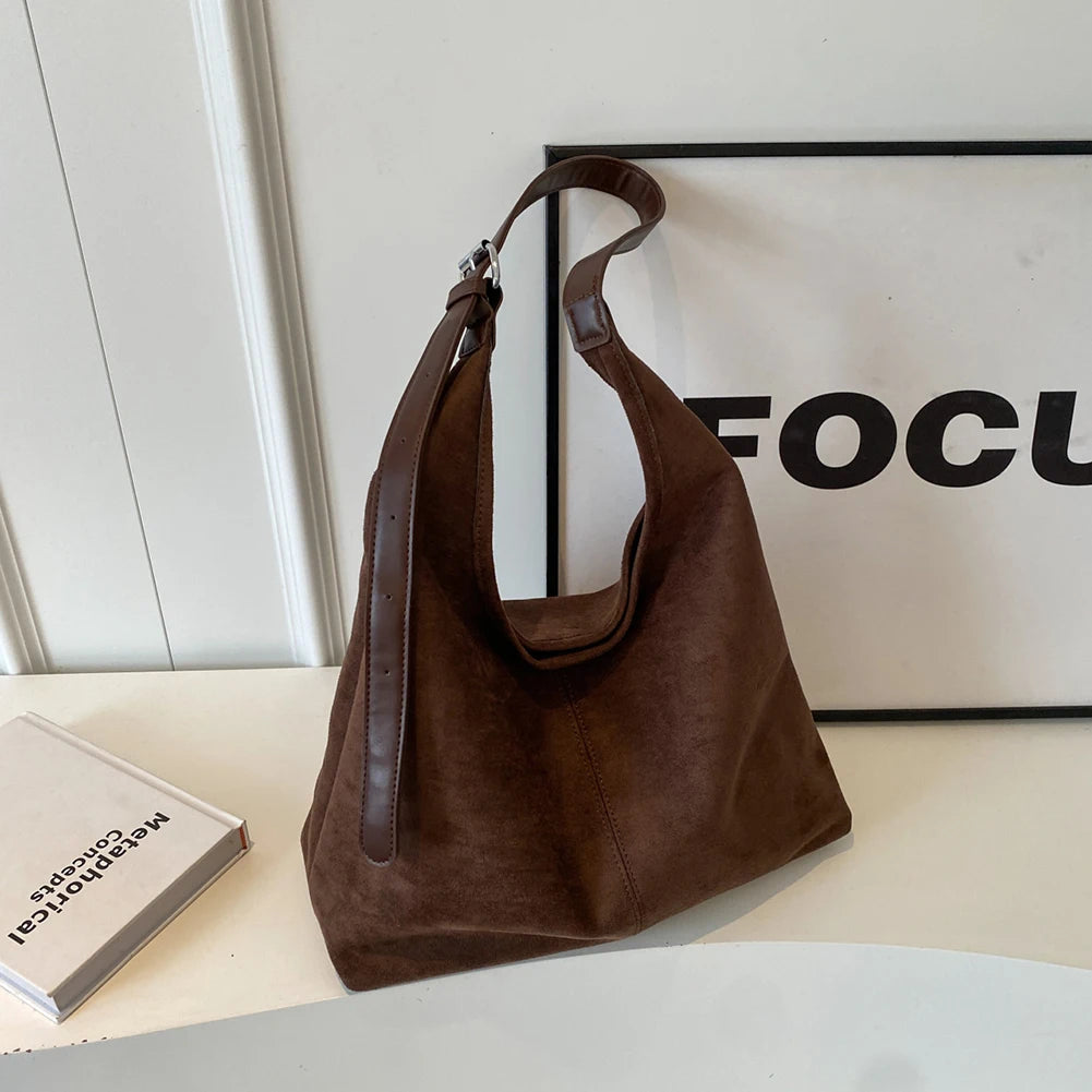 Women Suede Shoulder Bag Fashion Tote Bag Large Capacity Stylish Crossbody Bag Solid Color Casual Tote Purse Daily Commuting Bag