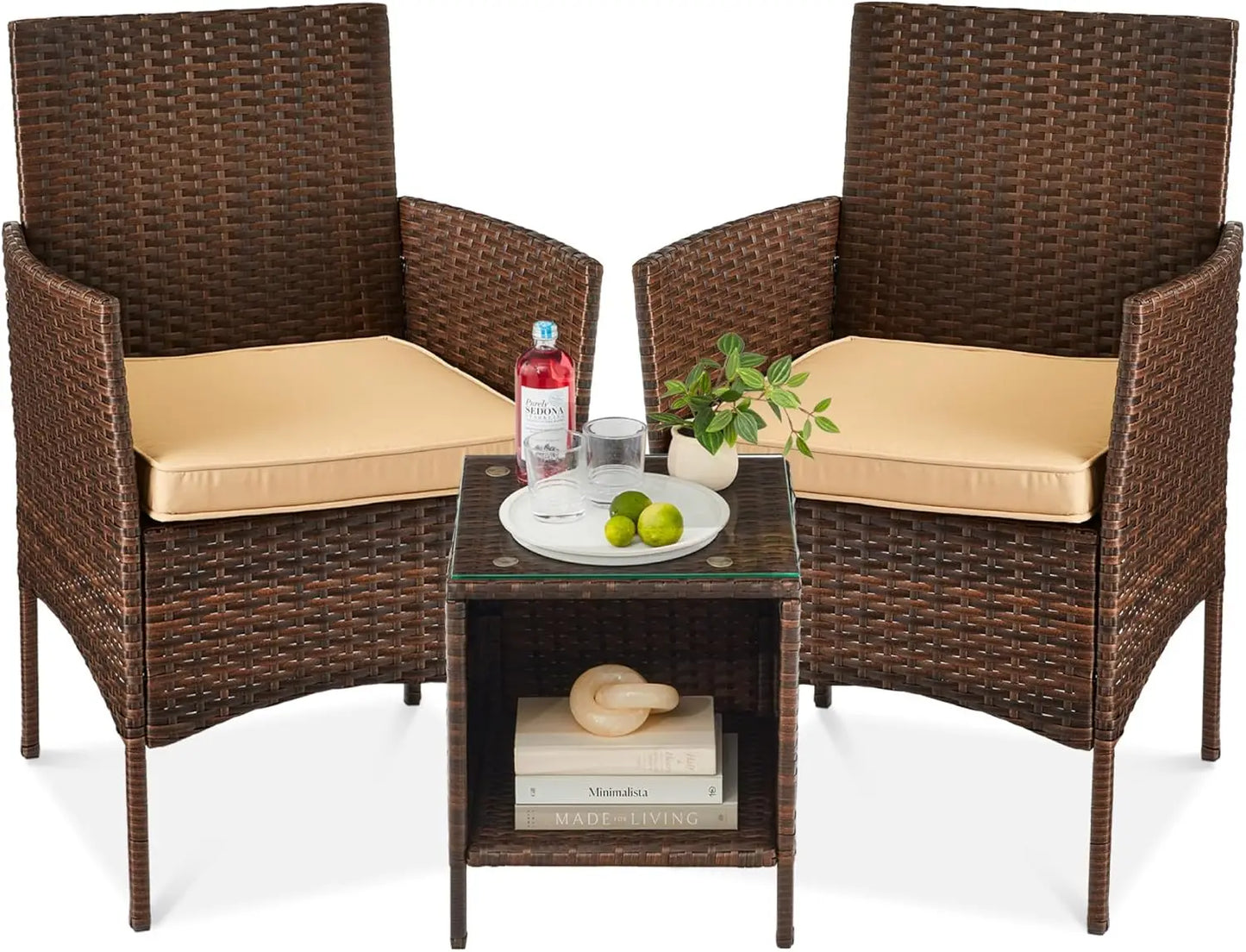 3-Piece Outdoor Wicker Conversation Bistro Set, Space Saving Patio Furniture for Garden w/Side Table