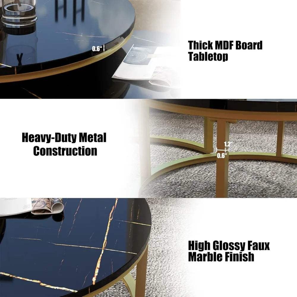Round Coffee Table Nesting Tables Set of 2, Large : Ø 34.0", Small : Ø 26.0", Modern Design Coffee Tables for Living Room, Gold