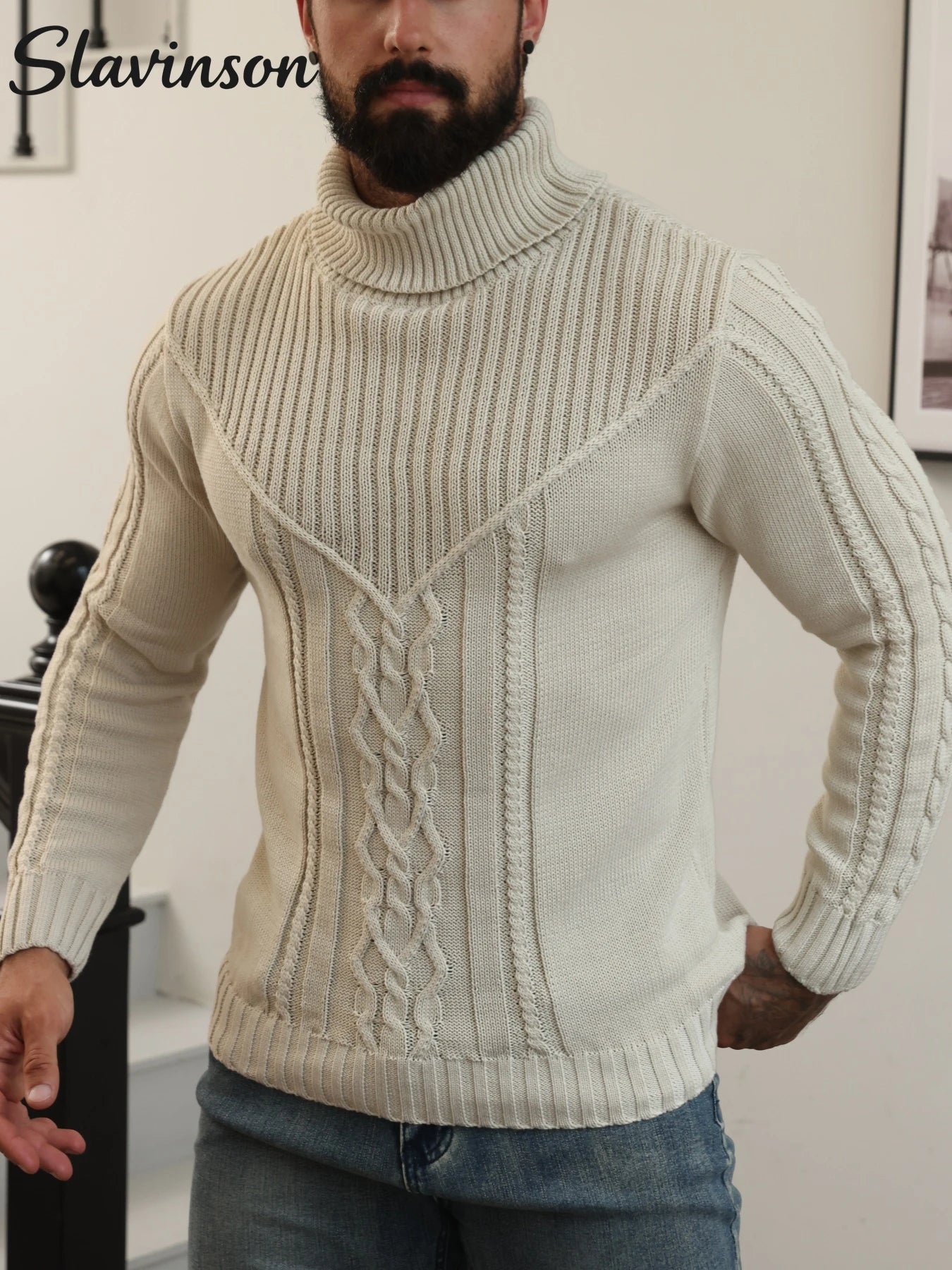 Men's Autumn Outfit: Turtleneck Sweater with Exquisite Cable Knit Patterns, Comfortable and Warm Fabric, Daily Commuting