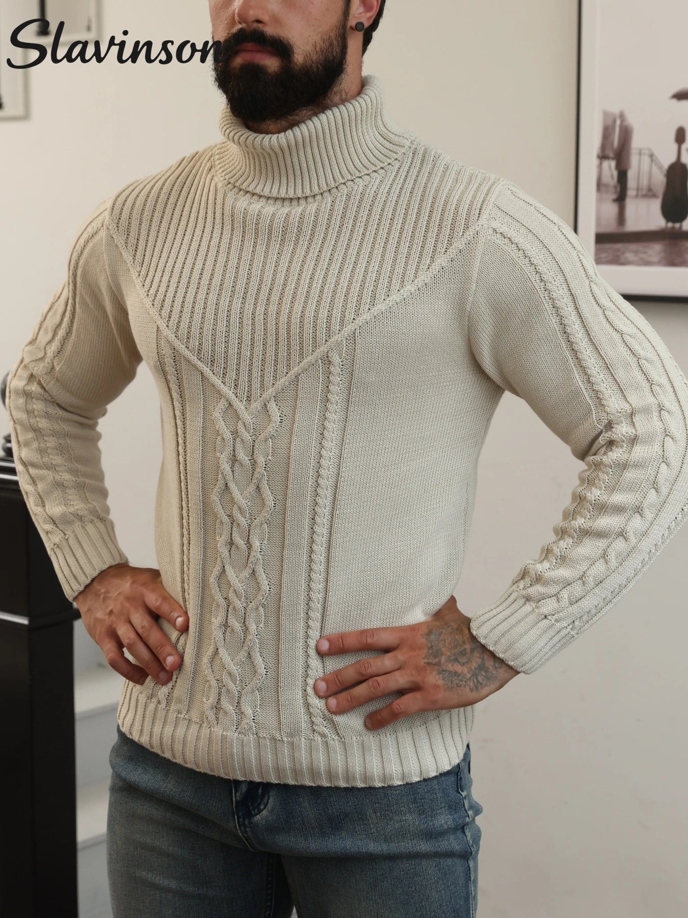 Men's Autumn Outfit: Turtleneck Sweater with Exquisite Cable Knit Patterns, Comfortable and Warm Fabric, Daily Commuting