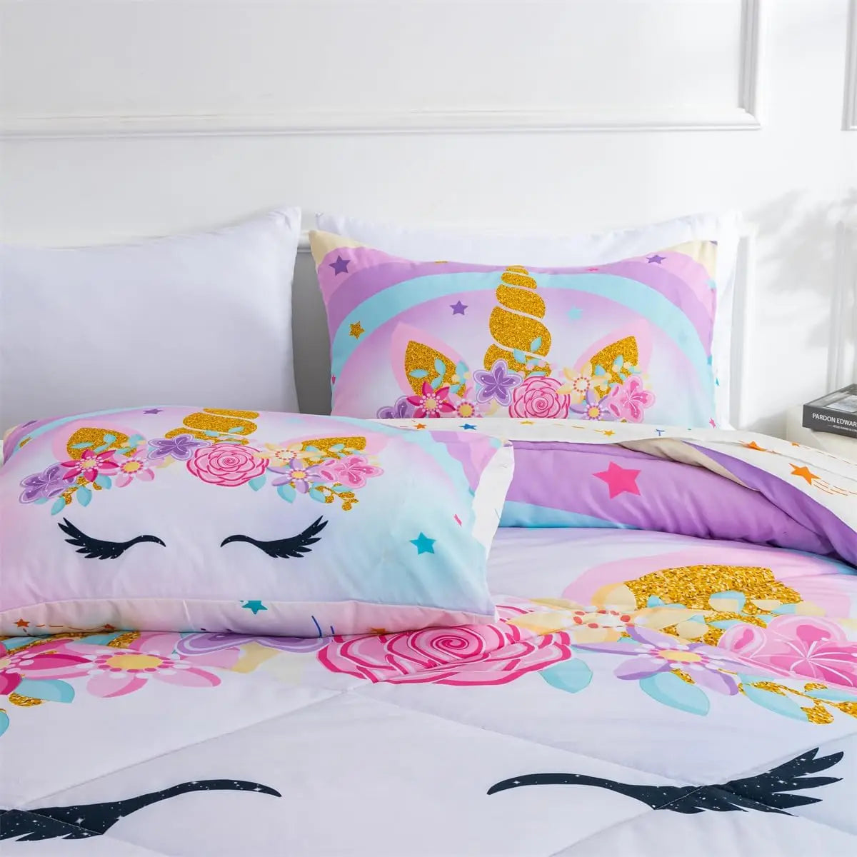 Ntbed Unicorn Twin Comforter Set With Sheets,5 Pieces Kids Bedding Sets For Girls, Lightweight Microfiber Star Rainbow Bed In A