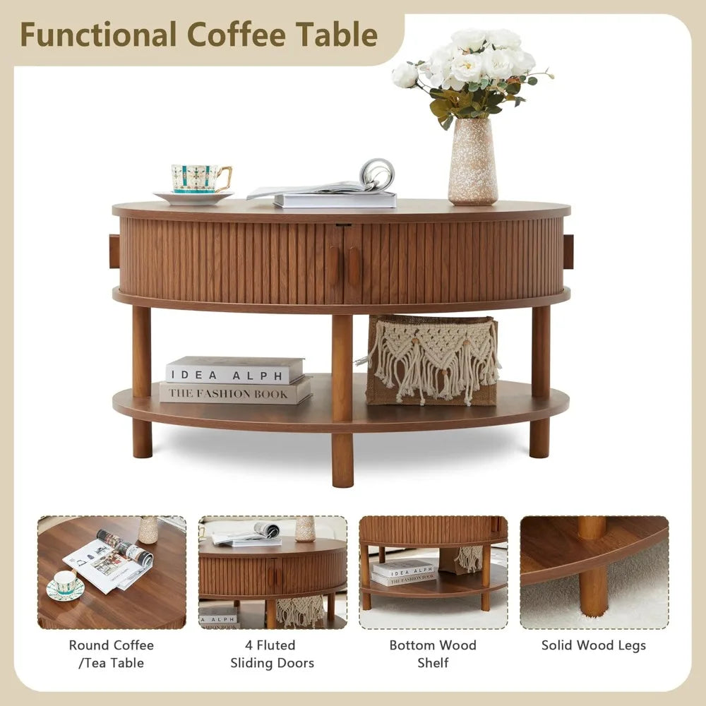 Mid-Century Modern Round Coffee Table with Storage and Sliding Door, Featuring Two Tiers and Solid Wood Legs with Fluted Design