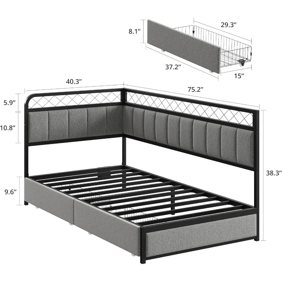 Twin Daybed with 2 Storage Drawers Corner Bed Frame with LED and Charging Station Metal Platform Daybed Frame for Living Room B