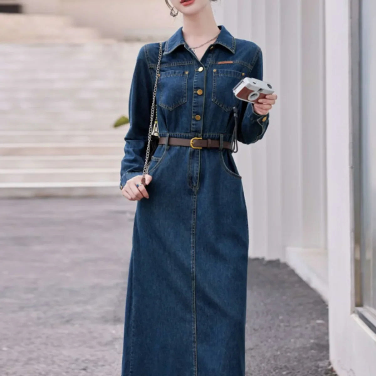 Fashionable Long Sleeve Denim Dress Women Spring Autumn New High End Elegant Casual Slimming Shirt Style Ankle Length Dress
