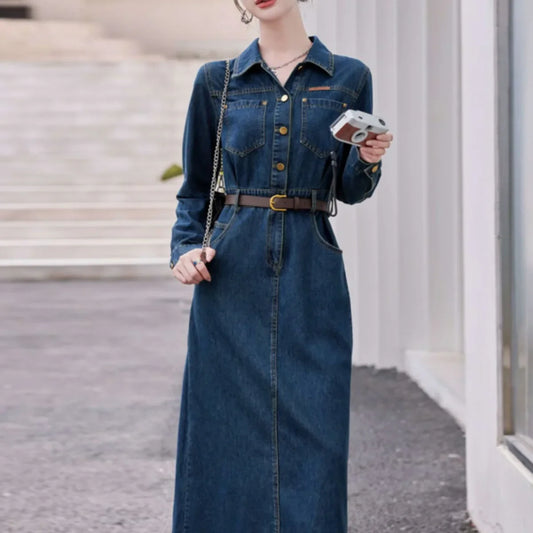 Fashionable Long Sleeve Denim Dress Women Spring Autumn New High End Elegant Casual Slimming Shirt Style Ankle Length Dress