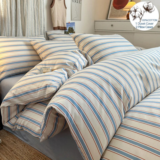 100% Cotton Stripe Style Duvet Cover Set 3-Piece (1 Duvet Cover + 2 Pillowcases),Minimalist Bedding Set for All Seasons
