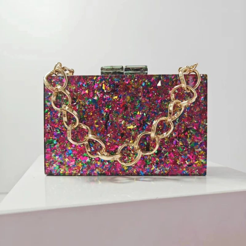 Shoulder New Wedding Sequins Chain Bag Acrylic Banquet Crossbody Clutch Evening Pink Handbag Purses Square Luxury Designer Bags