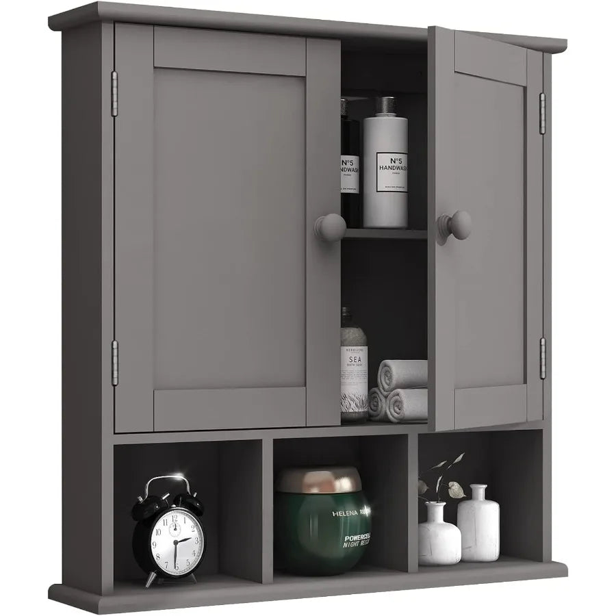 Wallmounted grey bathroom cabinet with two doors and adjustable shelves ideal for overthetoilet storage in bathrooms and laundr