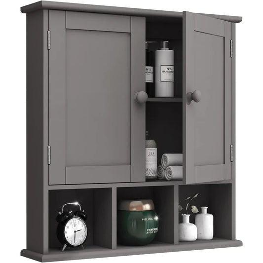 Wallmounted grey bathroom cabinet with two doors and adjustable shelves ideal for overthetoilet storage in bathrooms and laundr