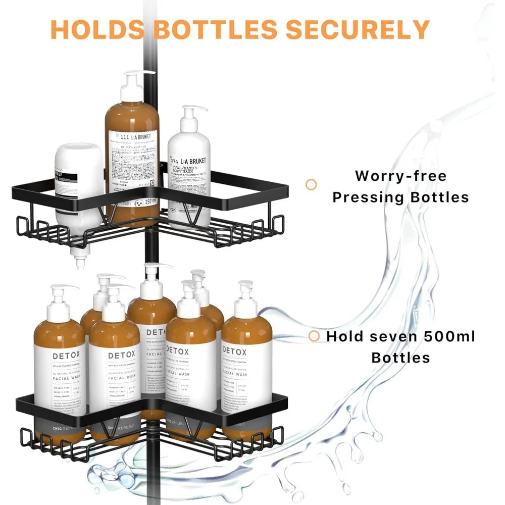 Corner Shower Caddy Tension Pole - Shower Tension Rod Organizer, Floor to Ceiling Shower Caddy 25-114.2 inch, Towel Rack Corner