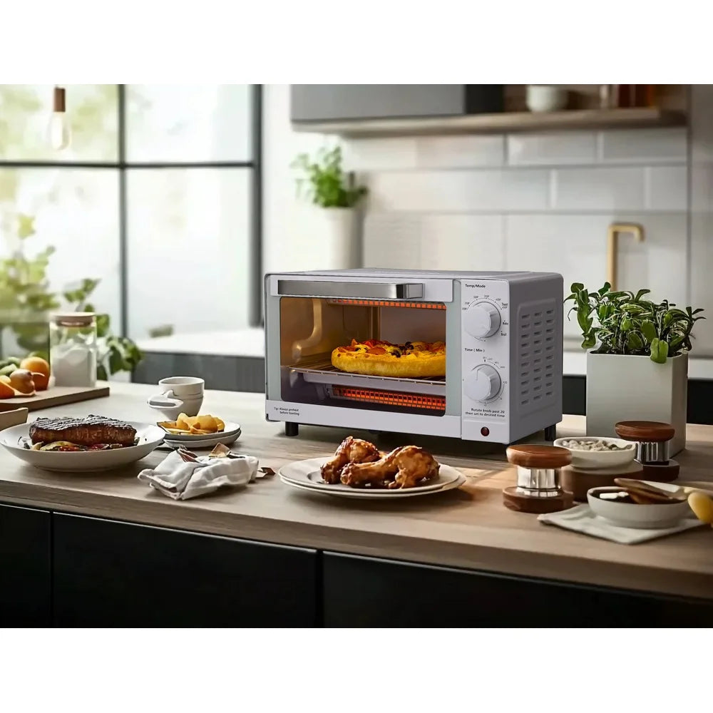 4 Slice Toaster Oven Countertop with 3 Settings Baking Rack Pan Compact Design Easy Clean 1050W Quartz Heating Perfect Toast