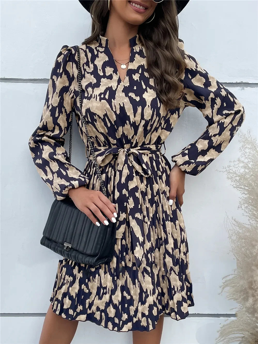 Ladies Causal Pleated Medium Long Dress Women Lace Up High Waist V Neck Full Sleeve Print Dress