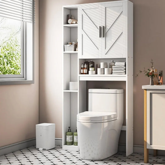 Bathroom Storage Cabinet with 7 Shelves, Over-the-Toilet Organizer with Toilet Paper Stand