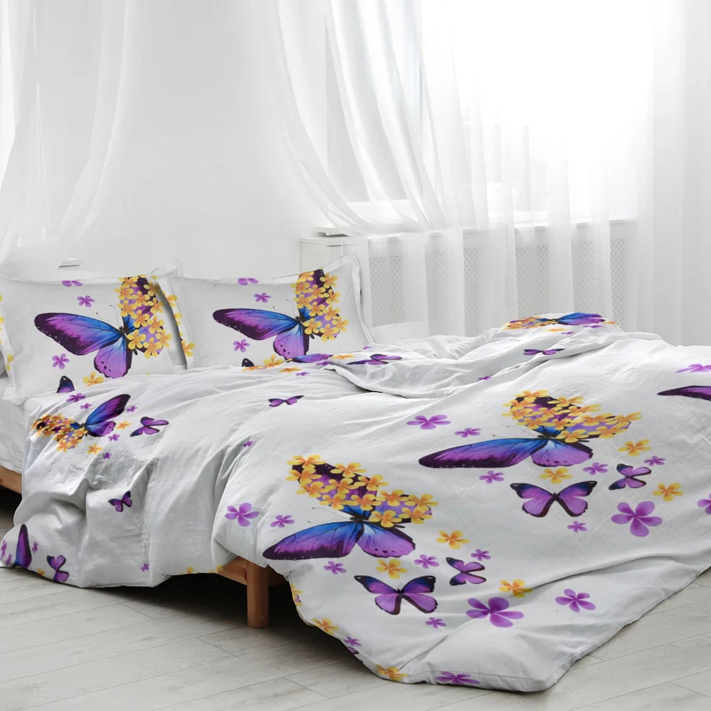 Purple and Yellow Geometric Design Bedding Set - Decorative 3-Piece Duvet Cover with 2 Pillow Shams - Cozy Family Bedding Additi