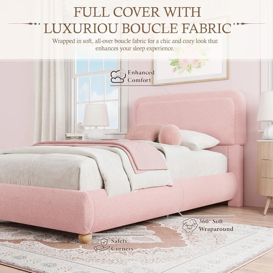 Pink Boucle Cloud Bed Frame with Soft Round Corner Headboard Twin Boho Cute Upholstered Beds with Fluffy Thickened Footboard So