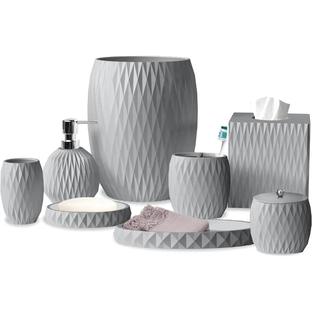 Luxury 8-Piece Grey Resin Bath Accessory Set for Vanity Countertops: Cotton Swab, Dish, Toothbrush Holder, Tumbler, Soap Pump