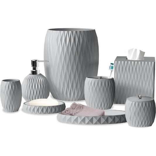 Luxury 8-Piece Grey Resin Bath Accessory Set for Vanity Countertops: Cotton Swab, Dish, Toothbrush Holder, Tumbler, Soap Pump