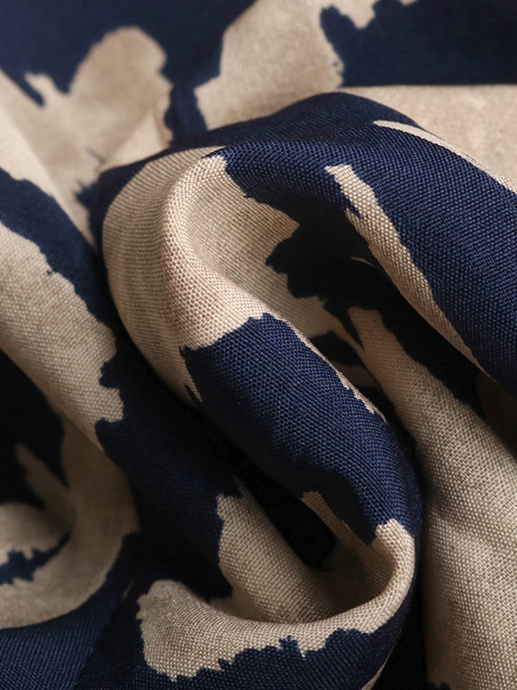 Ladies Causal Pleated Medium Long Dress Women Lace Up High Waist V Neck Full Sleeve Print Dress