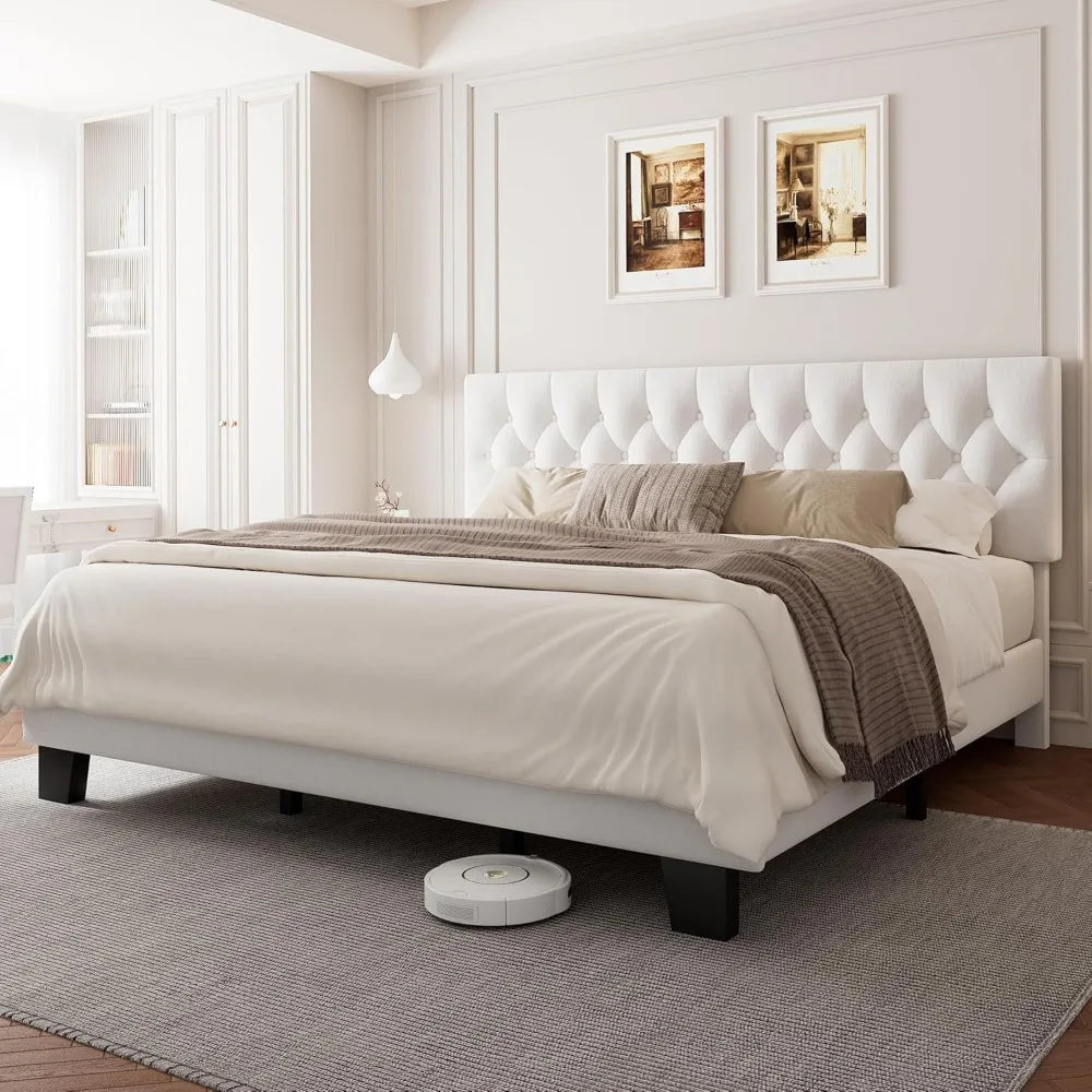 king upholstered bed frame with headboard, button tufted linen bed base, platform bed with wood slat, heavy duty, easy assembly,