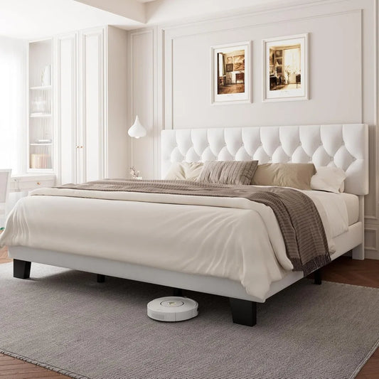 king upholstered bed frame with headboard, button tufted linen bed base, platform bed with wood slat, heavy duty, easy assembly,
