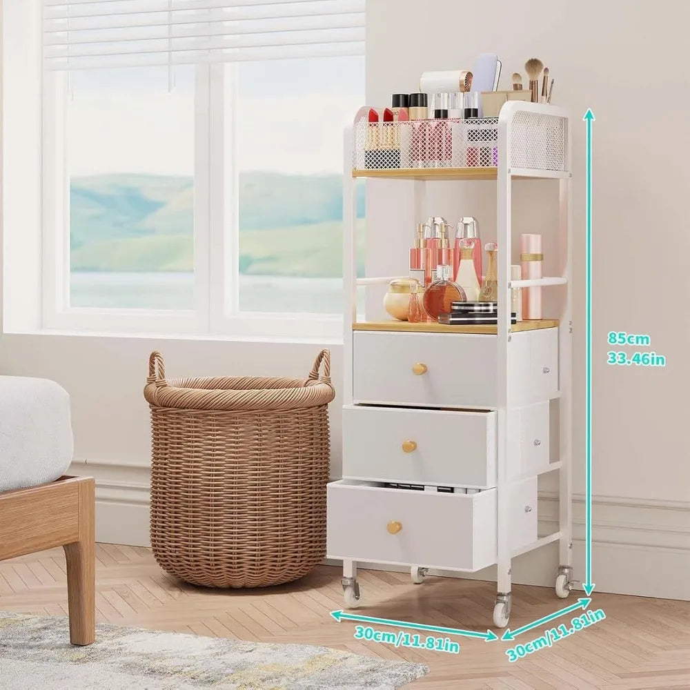 HapiRm Rolling Makeup Cart Organizer - Floor Skincare Make Up Storage with 3 Drawers, Vanity Organizer Cosmetic Display Cases Ho