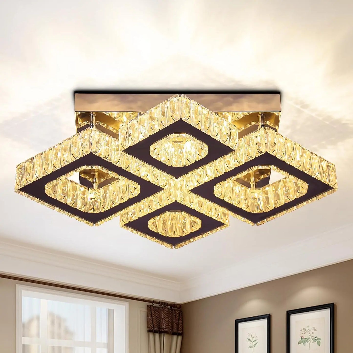 22" Crystal Chandelier Square Flush Mount Ceiling Light Modern LED 4 Lights Crystal Chandelier for Dining Room Bedroom Kitchen