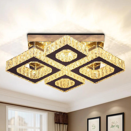 22" Crystal Chandelier Square Flush Mount Ceiling Light Modern LED 4 Lights Crystal Chandelier for Dining Room Bedroom Kitchen
