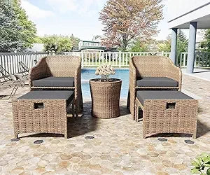 Balcony Furniture 5 Piece Patio Conversation Set, PE Wicker Rattan Outdoor Lounge Chairs with Soft Cushions 2 Ottoman&Glass Tabl