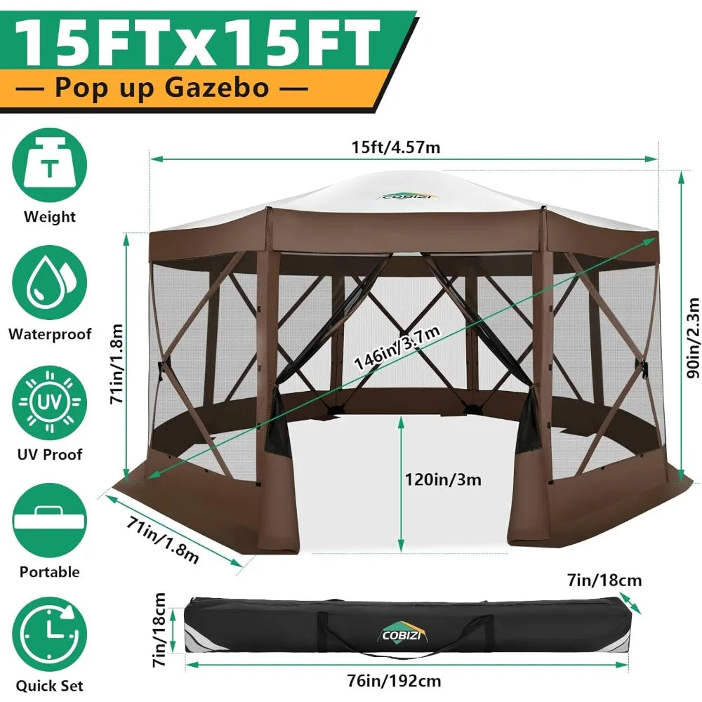 Pop Up Gazebo Screen Tent Screen House for Camping, 15x15 Screen Room with Mosquito Netting, Hub Tent Instant Screened Canopy w